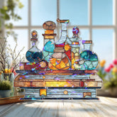 Potion Bottles Acrylic Suncatcher, Stained Glass Style Alchemy Book Window Hanging, Fantasy Wizard Lab Magical Decor Gift for Readers